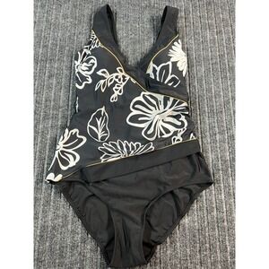 One Piece Swimsuit Women 12 Black Floral‎ Faux Wrap Built In Bra Your Best Look